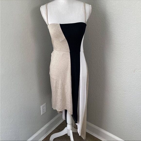 Calvin Klein NWT Womens Beige Colorblock Asymmetrical Hem Midi Dress Small - Picture 1 of 12